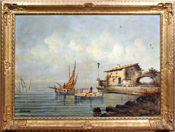 Scorcio di costa con villa e imbarcazioni, olio su tela, cm. 70x100, firmato, entro cornice, (difetti sulla tela).