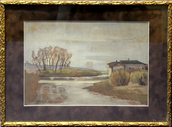 Paesaggio fluviale con cascina, olio su tavoletta 26x36 cm, firmato e datato, entro cornice.