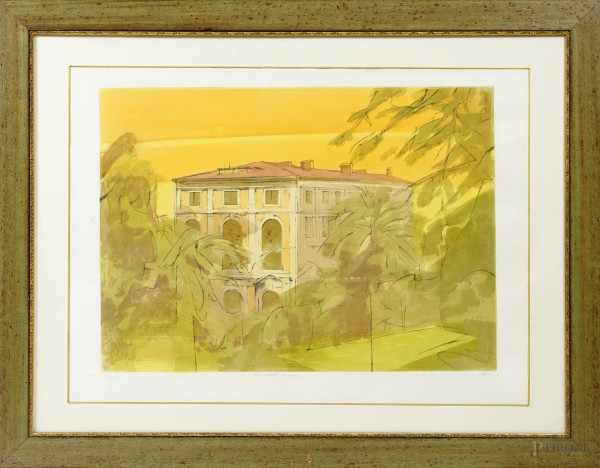 Alberto Sughi, Villa Romana, litografia a colori, prova d'artista (II/XII), firmato in basso a destra, cm 62x84,5, entro cornice