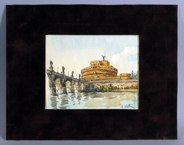 Veduta di Castel Sant&#39;Angelo, acquarello su carta, cm. 12,5x15,5, firmato A. Netti.