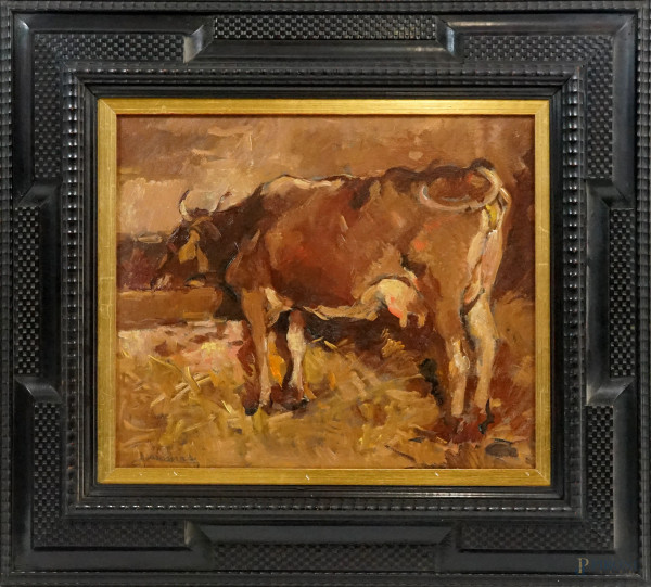 Ludovico Tommasi (Livorno, 1866 - Firenze, 1941), Mucca nella stalla, olio su cartone, cm 38x45, firmato, entro cornice