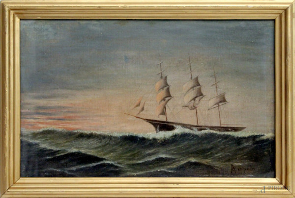 Marina con veliero, olio su cartone, cm. 22x43, firmata entro cornice.