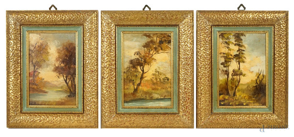 Scorci di paesaggi lacustri, tre dipinti ad olio su compensato, cm 14,4x9,5, XX secolo, entro cornici.