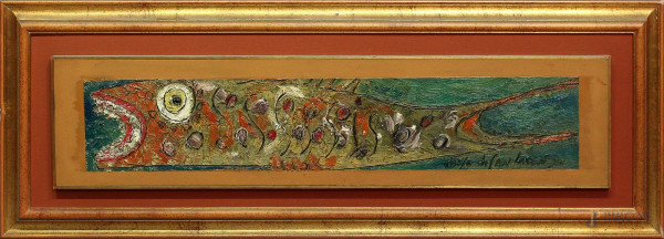 Paolo Da San Lorenzo - Pesce, dipinto ad olio su legno, cm 90 x 21, entro cornice.