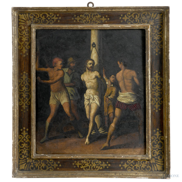 Flagellazione, olio su rame, XIX secolo, cm 34x30 entro cornice, (difetti)