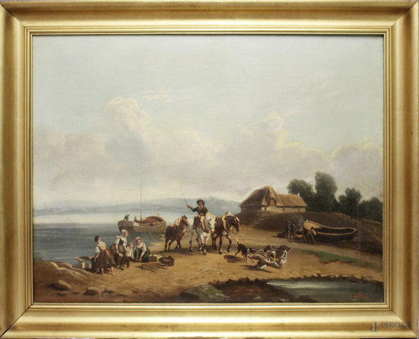 Scorcio di costa con figure, dipinto ad olio su tela, XIX sec., cm 49 x 65, firmato, entro cornice.