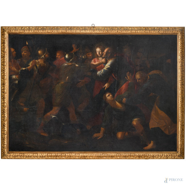 Cattura di Cristo, olio su tela,  XVIII secolo, cm 88x125 entro cornice, (difetti, cadute di colore, restauri)