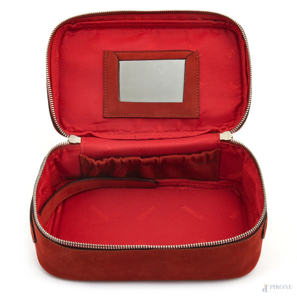Beauty case Ferrari in tessuto scamosciato rosso, cm 9x21,5x8,5, (segni di usura)