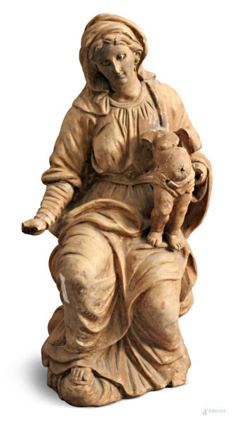 Madonna con bambino, scultura in terracotta, H 50 cm, difetti.