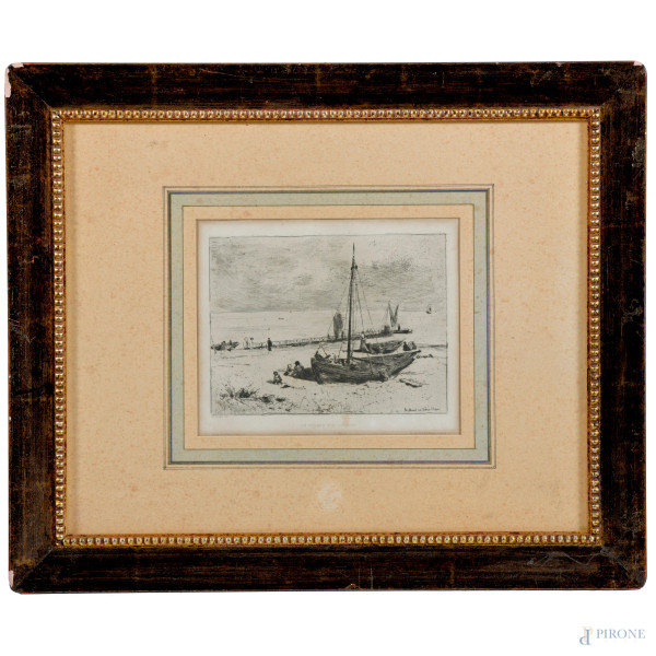 Albert Krüger (1858-1910), "Am Strand Von Goehren", acquaforte e acquatinta, cm 39x49 compreso passepartout, entro cornice, (lievi ondulazioni della carta e tracce di umidità)