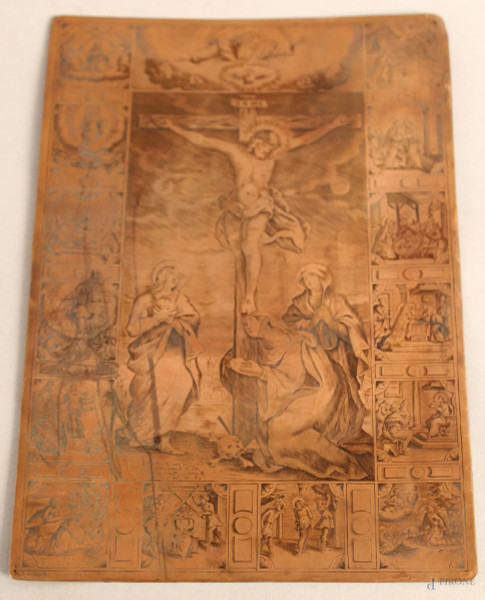 Lastra, calcografica in rame, raffigurante la Crocefissione e 14 episodi della vita di Cristo, XVIII secolo, cm. 28x18,7.