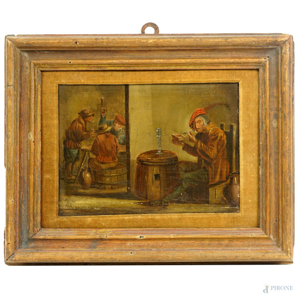 Pittore olandese del XIX secolo, Interno di taverna, olio su tavola, cm 17x24, entro cornice