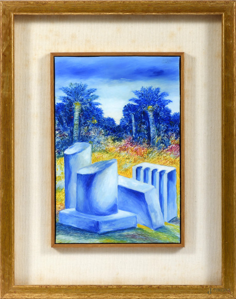 Andrea Quarto (1959), Ruderi pagani, tecnica mista su tela, cm 29x19,5, firmato in alto a destra, entro cornice, (difetti)