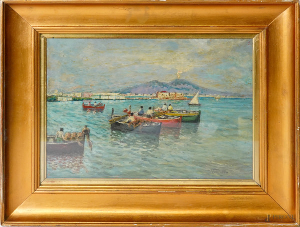 Marina con imbarcazioni, olio su compensato, cm 25x34, firmato in basso a sinistra, entro cornice