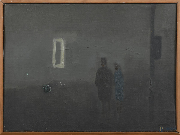 Franco Villoresi - Passeggiata notturna, tecnica mista su tela, cm 18x24, (segni di usura, abrasioni, difetti)