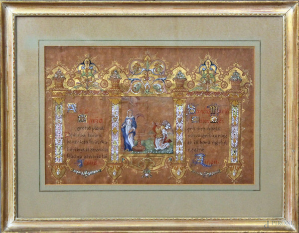 Pagina miniata, raffigurante Annunciazione. Primi &#39;900, cm. 22x34, entro cornice.