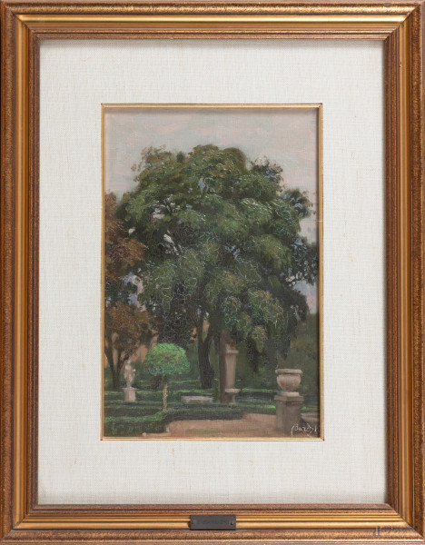 Scorcio di parco con albero, XX secolo, olio su cartone telato, cm 30x20, firmato in basso a destra, entro cornice, (craquelure, piccole cadute di colore)