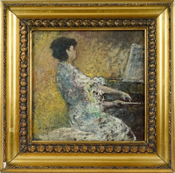 La pianista, olio su cartone, cm 26x27, firmato, entro cornice.