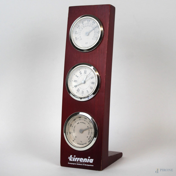 Barometro, orologio e termometro, cassa in legno, marcato Tirrenia, cm h 26