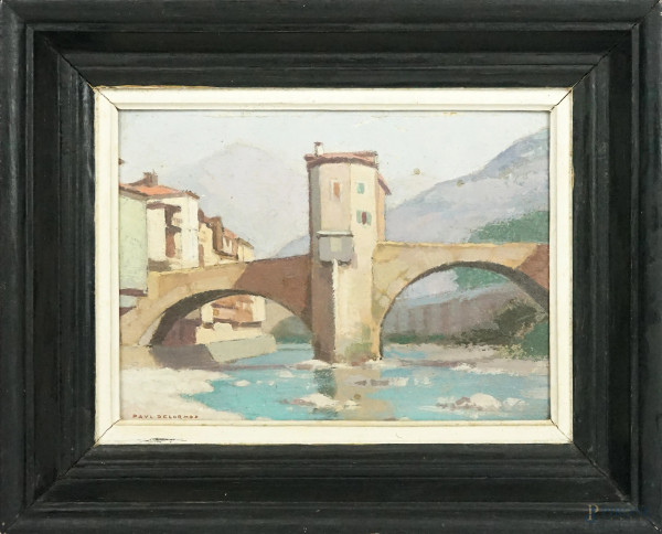 Paul Delormoz (1895-1980), Ponte di Sospel, olio su cartone, cm 16x22, entro cornice