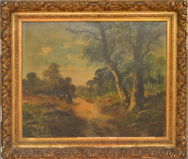 Paesaggio con figure, olio su tela 90x75 cm, entro cornice firmato, fine XIX sec, (piccoli difetti alla cornice).