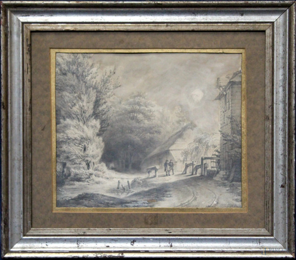 Paesaggio invernale con figure e casolari, tecnica mista su carta firmato, cm 30 x 26, entro cornice.