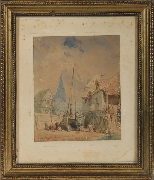 Sulla spiaggia, XIX secolo, tecnica mista su carta,cm 27x22 compreso passepartout, firmato e datato in basso a sinistra, entro cornice, (gore, tracce di umidità. Dietti, fori di tarlo)