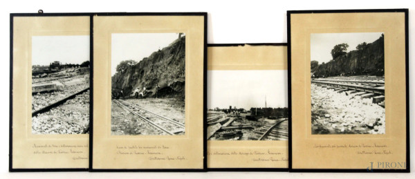 Quattro fotografie d'epoca raffiguranti ampliamento e sistemazione della stazione di Priverno-Fossanova, Direttissima Roma-Napoli, misure max cm 14,5x20,5, entro cornici