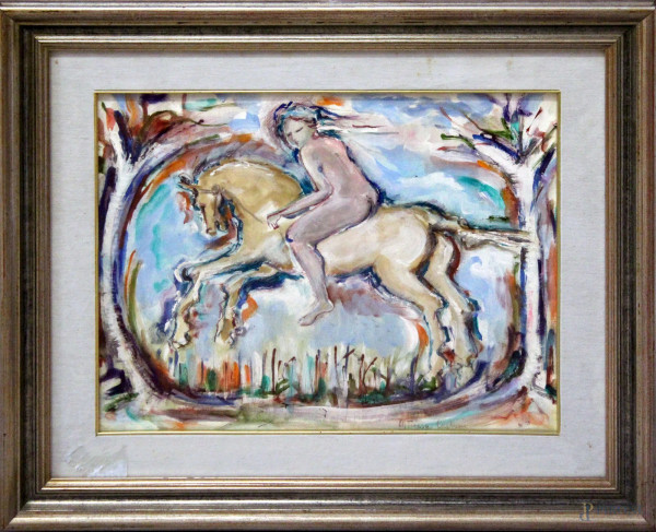 Figura a cavallo, olio su tela firmato, cm 40 x 50, entro cornice.