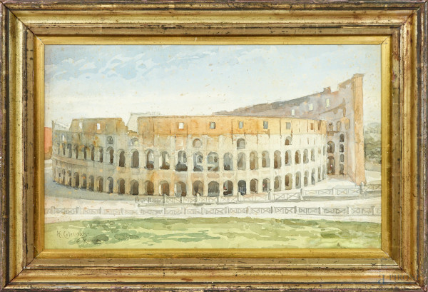 Colosseo, acquarello su carta, firmato, cm 27x44, entro cornice