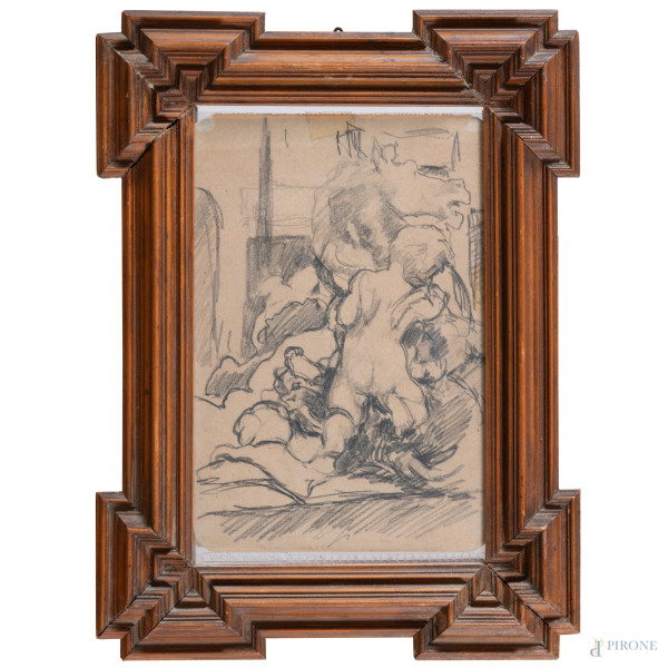 Studio di putto, XX secolo, grafite su carta, cm 18x12, entro cornice, (segni di usura, lacerazioni ai margini, ossidazione della carta)
