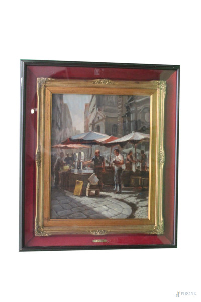Roberto Dinacci - Scorcio di mercato, olio su tela, 50x40 cm, entro cornice.