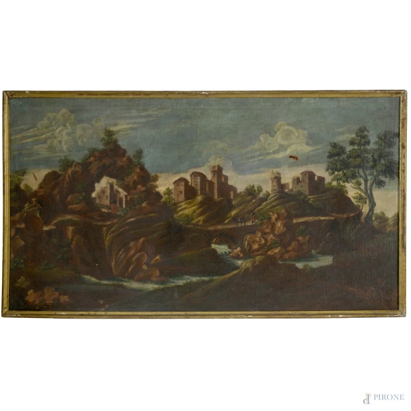 Paesaggio fluviale con paese e figure, XVIII secolo, olio su tela, cm 64x115,5, (difetti)