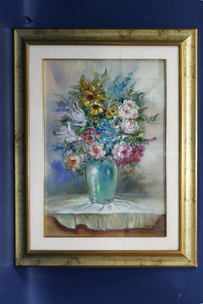 Vaso con fiori, olio su tela 70x50 cm, entro cornice firmato.