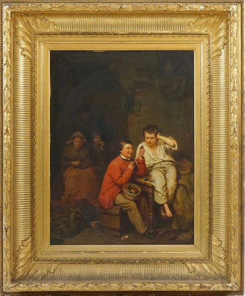 Interno con bambini, olio su tavola, cm 66x49,5, XIX secolo, entro cornice.