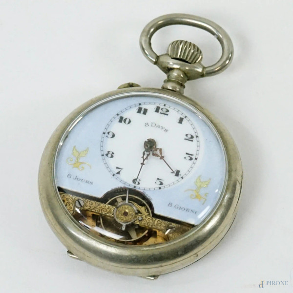 Orologio da tasca 8 Jours, con cassa in metallo argentato, Ancre Bruxelles 1910, diam. cm 5, (meccanismo da revisionare)