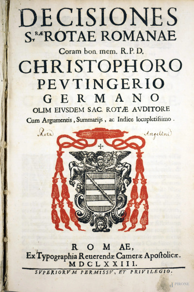 Volume "Decisiones S. Rotae Romanae Christophoro Peutingerio Germano […]", Ex Typographia Reuerendae Camerae Apostolicae, 1673, (difetti e macchie).