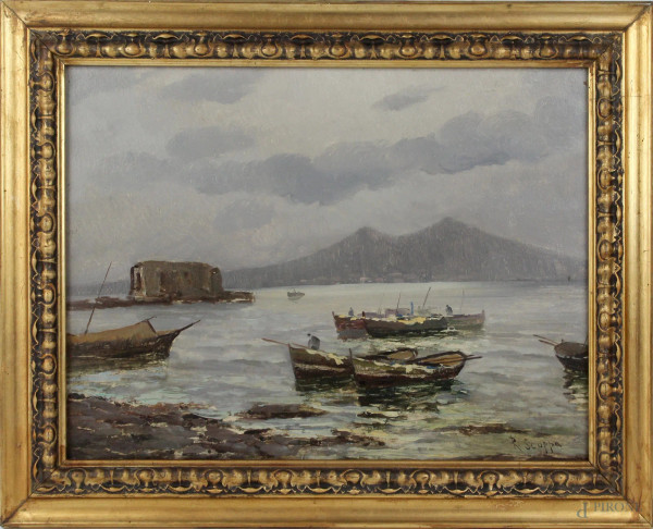 Scorcio del Golfo di Napoli, olio su cartone telato, cm. 29x38,5, firmato, entro cornice.