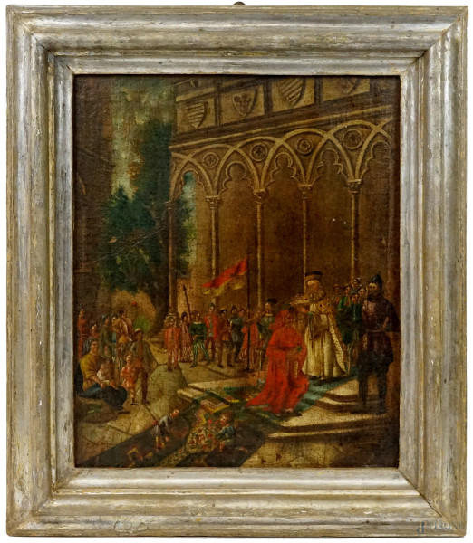 Pittore del XIX secolo, L'incoronazione poetica del Petrarca, olio su tela, cm 46x38, entro cornice, (difetti)