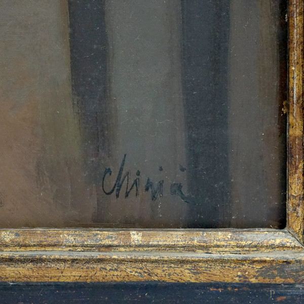 Nudo seduto, olio su compensato, firmato e titolato sul retro, cm 99.5x70, entro cornice