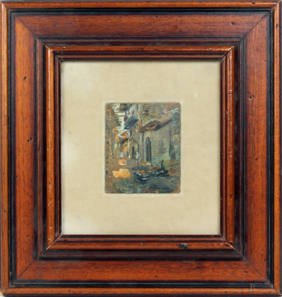 Ezechiele Acerbi - Scorcio di paese, olio su tavola, cm. 9x7,5, entro cornice.