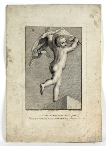Bartolozzi Francesco (Firenze, 1727 - Lisbona, 1815), Putto con bandiera in mano, incisione, cm 41,5x29, disegnatore Lorenzi Lorenzo (notizie 1750-1760), inventore Franceschini Marcantonio (1648-1729), (macchie sulla carta)