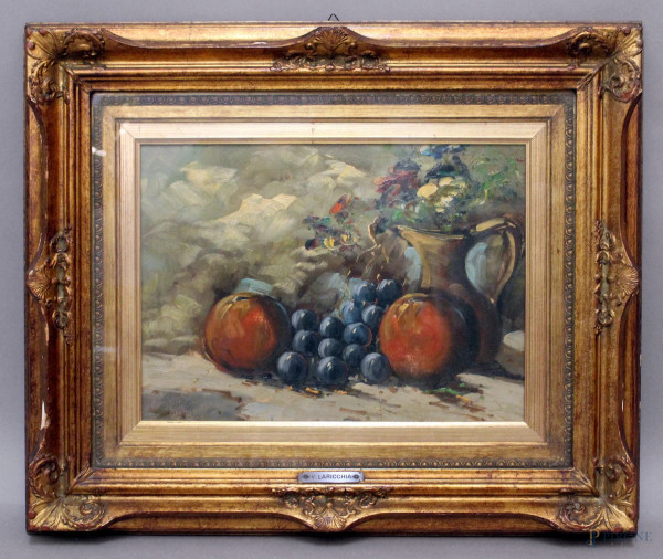 Natura morta, frutta, olio su tavola, cm. 29,5x40, entro cornice.