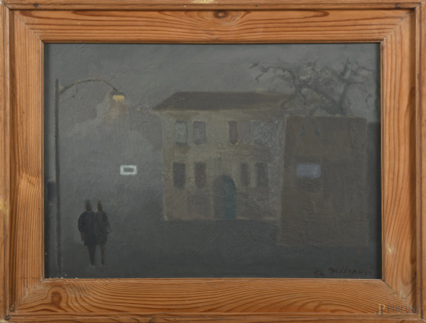 La passeggiata, tecnica mista su tela, cm 35x50,firmato in basso a destra,  firmato, titolato e datato 