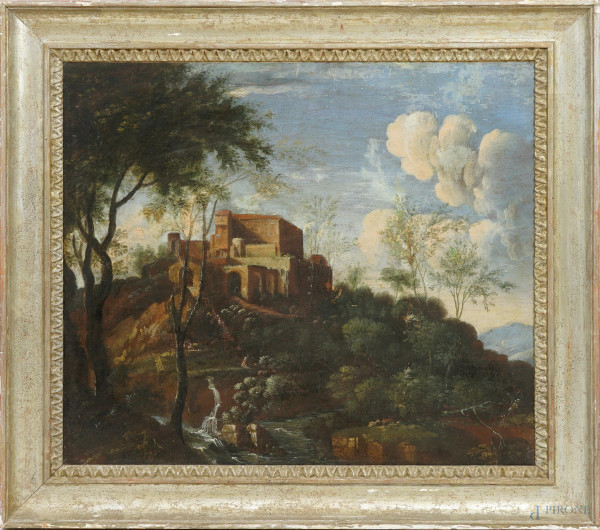 Paesaggio con ruscello, sec. XVIII-XIX, olio su tela, cm 57,5x66,5, entro cornice, (difetti)