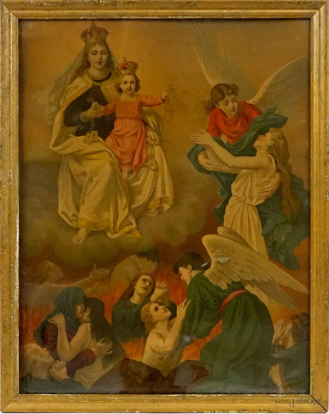 La Madonna del Carmelo intercede per le anime del purgatorio, oleografia, cm 59,5x45,5, entro cornice, (difetti)