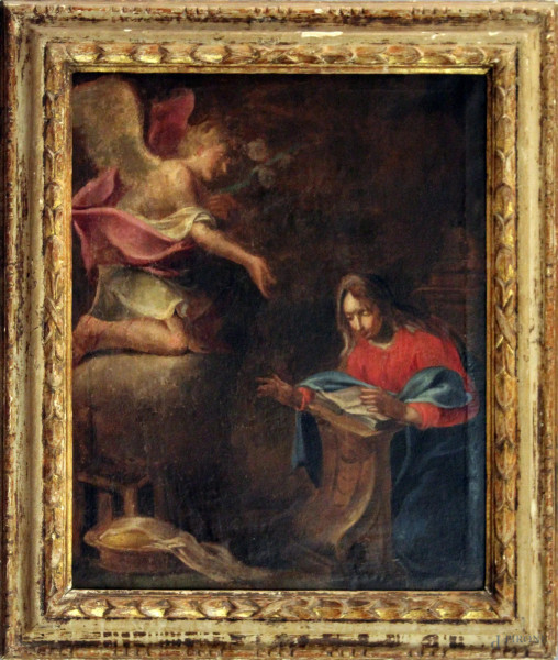 Pittore del XVII secolo, Annunciazione, olio su tela, cm. 66x52, entro cornice coeva.