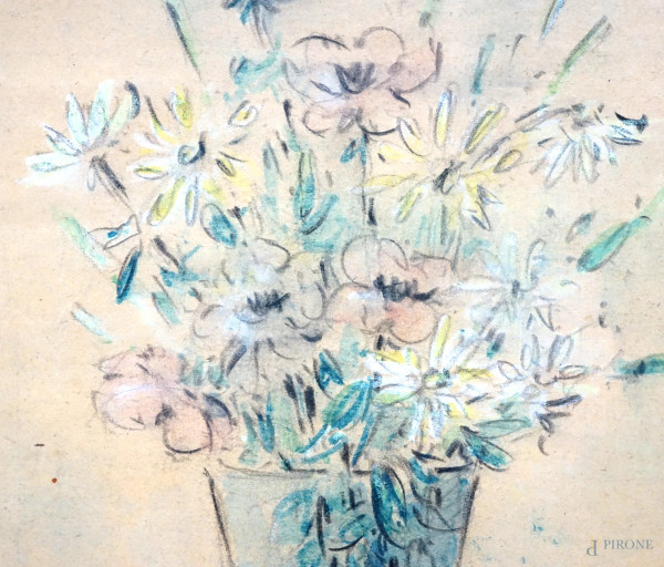 Vaso con fiori, tecnica mista su carta, cm 22x17,5, firmato e datato in basso a destra, entro cor...
