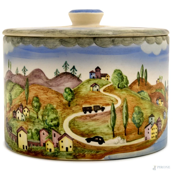 Produzione Lenci per Fiat Torino, anni Cinquanta, Portabonbon in ceramica policroma con coperchio, marchio alla base, cm 12x15, (difetti)