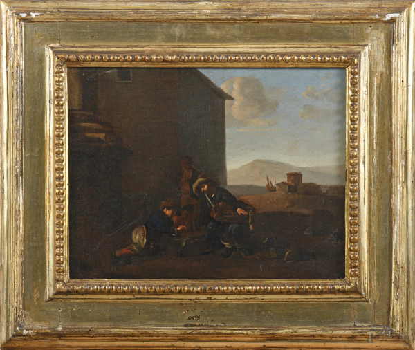 Scena di genere, XVII-XVIII secolo, olio su tela, cm 33x45, entro cornice, (segni di usura, abrasioni)
